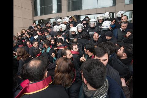 Clashes outside a court hearing in the Istanbul terrorism trial of lawyers for representing PKK leader Abdullah Ocalan